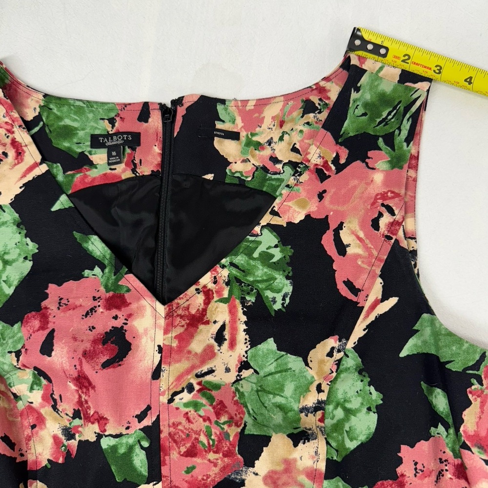 Talbots Floral Sheath Dress Womens 16 Black Pink V-Neck Cotton Blend Stretch - Picture 13 of 14